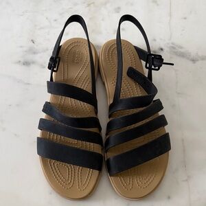 CROCS Black and Tan Strappy Sandals